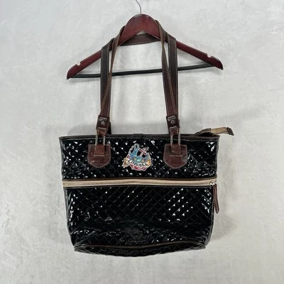 Bolso de Mano Consuela Negro Charol Acolchado Cuero Doble Asa Bordado Foto 1 de 4