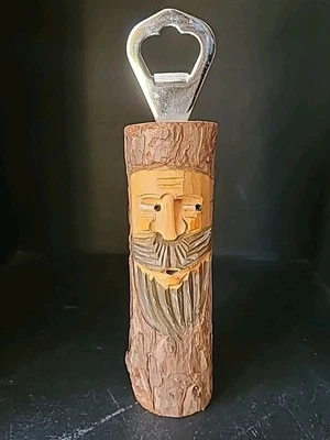 Abridor de garrafa de rosto de homem velho esculpido à mão arte popular vintage - Imagem 1 de 4