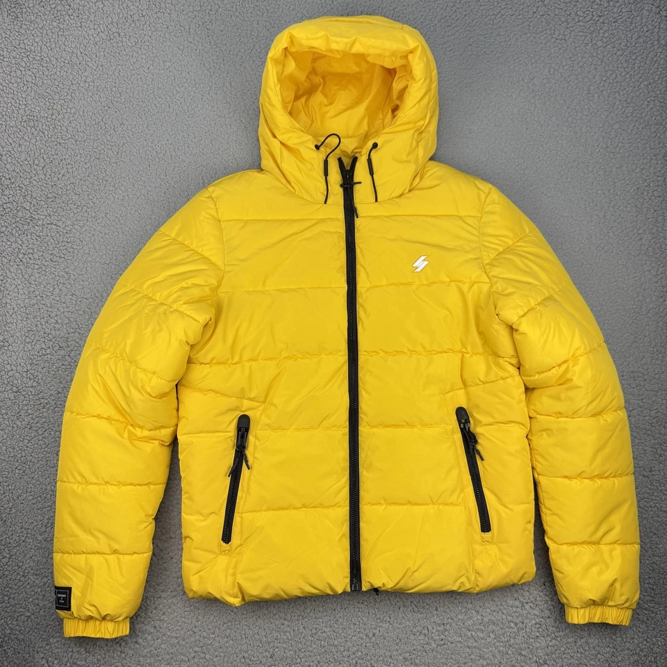 Superdry Puffer 夹克男式中号黄色连帽防水拉链 M50112A — 第 1/4 张图片