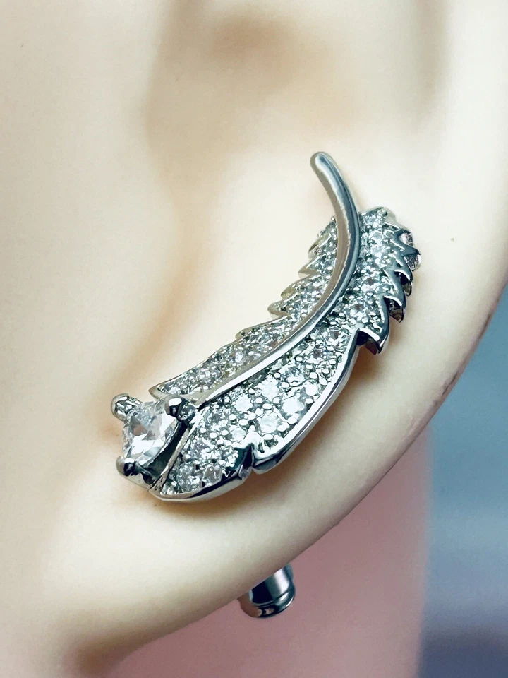 耳环,羽毛实验室制作锆石镀银舞会婚礼,ES-C100 — 第 1/4 张图片