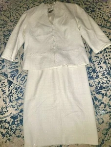Vtg Holiday Adrianna Pappell Suit / Jacket Skirt Ivory Gold Pearl Accent Sz 12P - Picture 1 of 22
