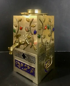 VINTAGE CHINESE FOOTED ENAMEL DECORATIVE BRASS TEA SAMOVAR DOUBLE BAIL HANDLE - Picture 1 of 12