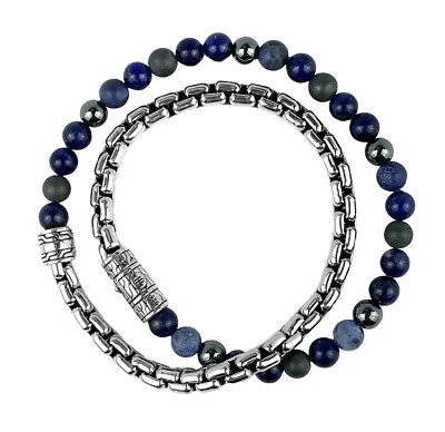 JOHN HARDY CLASSIC CHAIN  ST. SILVER DOUBLE WRAP LAPIS SODALITE BRACELET M BOX - Image 1 of 4