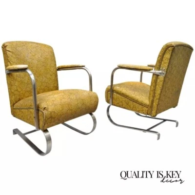 Art Deco Lloyd KEM Weber Style Chrome Steel Springer Lounge Chairs - a Pair - Image 1 of 4