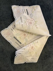 Exquisite Embroidered And Cutwork Hankie White W/Mauve Roses +Blue Trim Unused - Picture 1 of 4