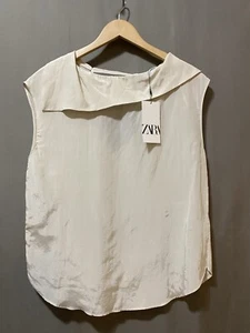 NWT ZARA Women Sleeveless Asymmetric Collared Cotton Cut Out Back Top SZ M Beige - Picture 1 of 15
