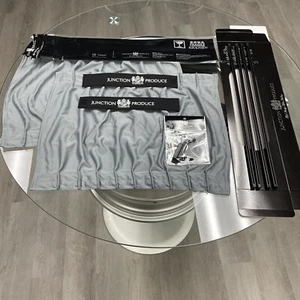 2pcs set Junction Produce Grey window curtains w/ Black Strap White Lettering - Picture 1 of 3