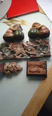 Antiques Asiain/chinese Carvings  Wood  Plaqe    Stone - Image 1 of 4