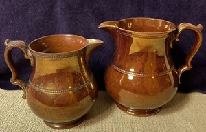 2 Vintage Lusterware Pitchers Glossy Brown and Copper Graduated Sizes (Flaws) - Picture 1 of 8