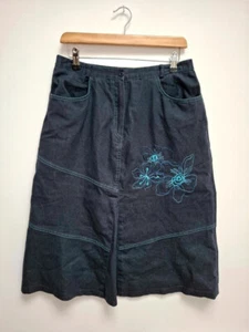 Denim Skirt A line Midi Embroidered Flower Navy Cotton Blend Pockets Summer - Picture 1 of 7