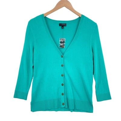 Ограниченный кардиган свитер женщин средний синий вязаный вискоза V шеи кнопка спереди - Изображение 1 из 4