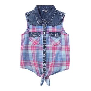 Bienzoe Girls Button Down Blouse Cowgirl Cotton Plaid Sleeveless Crop Tank Tops - Picture 1 of 102