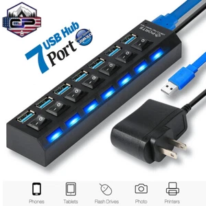 7 Ports USB 3.0 Hub On/Off Switch High Speed Splitter AC Adapter Cable PC Laptop - Picture 1 of 11