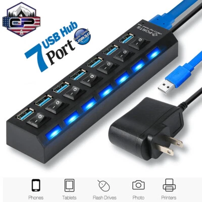 7 Ports USB 3.0 Hub On/Off Switch High Speed Splitter AC Adapter Cable PC Laptop - Image 1 of 4