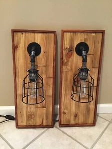 Lighted Wall Sconce Weathered Brown Black Pipe Farmhouse Barn Reclaimed Wood Ed - Picture 1 of 11