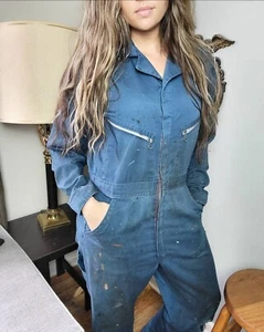 Vintage Thrashed Coveralls Mechanics Work Wear Dickies Mens Size 40 Navy Blue - Picture 1 of 10