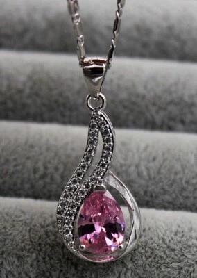 Pretty New 18K White Gold Filled Pink Teardrop CZ Swirl Pendant Necklace - Image 1 of 3
