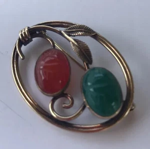 Skarabäus Brosche Anstecknadel Floral Blatt Van Dell geschnitzt Edelstein gemarkt 12k GF um 1950 - Bild 1 von 7