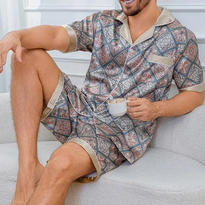Mens Satin Silk Pajamas Set Summer Short Sleeve Pjs Loungewear Pyjama Nightwear - Image 1 of 4