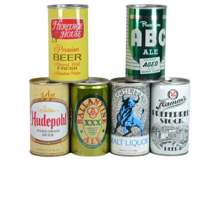 6-Pk Vintage Beer Cans Ballantine Ale, Hudepohl, Hamm's, Heritage, ABC Ale, Schl Foto 1 de 4