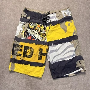 Ed Hardy Men’s Swim Trunks Board Shorts Tiger Tattoo Yellow Polyester Size 34 - Picture 1 of 18