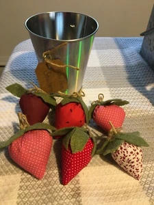 PRIMITIVE YUMMY STRAWBERRIES SET OF 6 BOWL FILLERS IN SILVER TIN BASKET #5 - Picture 1 of 4