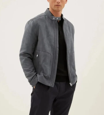 Men Gray Racer Leather Jacket Pure Suede Size XS S M L XL XXL 3XL Custom Made - Image 1 of 4