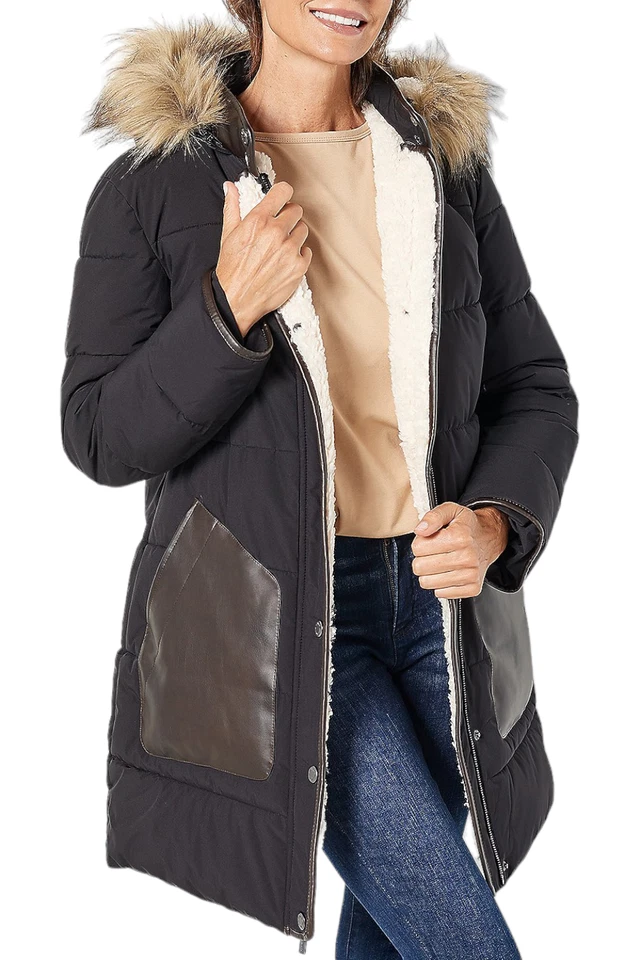 Parka acolchada Dennis Basso con capucha negra con ribete de piel sintética Foto 1 de 1