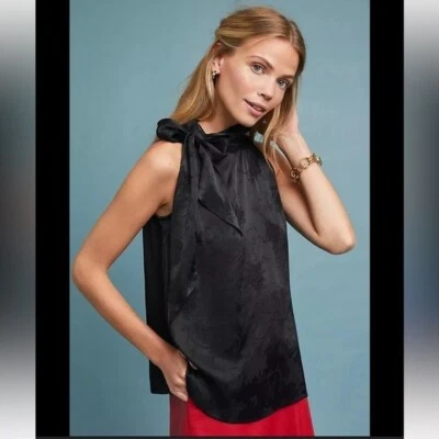 Anthropologie Moulinette Soeurs Blouse Top 8 Tie Neckline Satin Floral Black $88 - Image 1 of 4