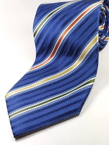 HENRY JACOBSON Handmade 100% Silk Tie Men's Blue Green Gold Orange Striped  NEW - Picture 1 of 3