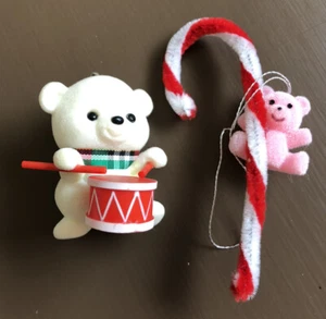 2 vintage Flocked Bear Christmas tree ornaments 1984 Hallmark drummer candy cane - Picture 1 of 7