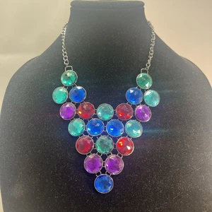 Beautiful Chunky Multi Color Rhinestone Statement Gunmetal Chain Bib Necklace - Picture 1 of 2