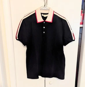 Gucci Polo Shirt Mens Size EU XL US L Black Cream Taped Logo Cotton Short Sleeve - Picture 1 of 18
