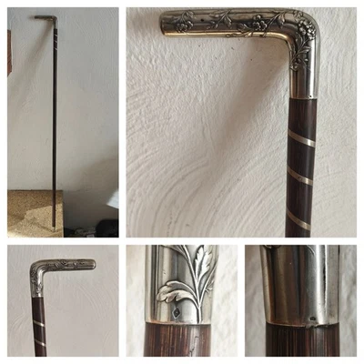 Ancienne Cannes Pommeau Argent Massif Art Nouveau Fleur 87 cm - Photo 1/4