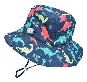 Boys Kids Children Summer Dinosaur Navy Wide Brim Bucket Sun Hat Cap strap 1-10y - Picture 1 of 14