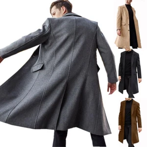Men Label Collar Wool Blend Trench Coat Long Jacket Overcoat Winter Warm UK - Picture 1 of 15