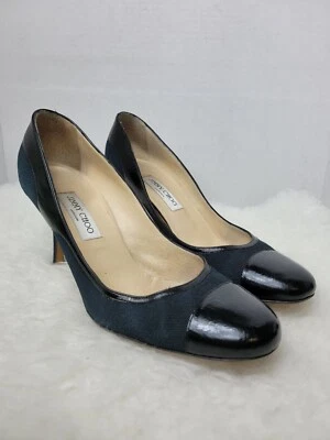 Zapatos de tacón Jimmy Choo de lona negros con puntera de cuero talla 10,5 Foto 1 de 4