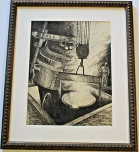 TABLEAU ANCIEN AMERICAIN DESSIN ART DECO RÉGIONALISME OUVRIER INDUSTRIEL - Photo 1/6