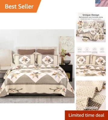 Quilts King Size Patchwork Bedspread Set - 100% Cotton Reversible Breathable ... - Image 1 of 4