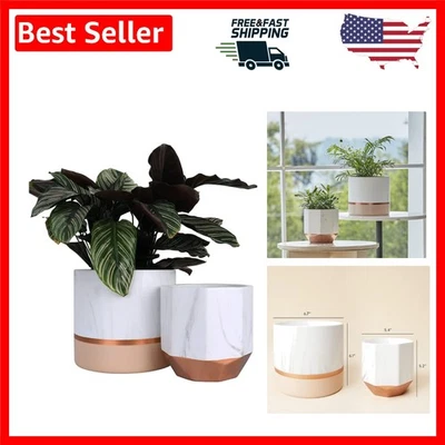 Versátil juego de jardineras de cerámica de 2 piezas - uso interior/exterior en mármol y oro Foto 1 de 4