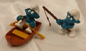 Smurfs Fugure Lot Of 2 Smurf Rowboat & Smurf Fisherman - Picture 1 of 7