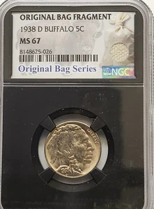 1938 D NGC MS67 RARE!!! BUFFALO NICKEL ORIGINAL BAG FRAGMENT 5C BLACK HOLDER - Picture 1 of 2