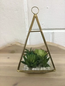 Small Pyramid Shaped Terrarium with Faux Plants and Gravel, Hanging Hook - Picture 1 of 3