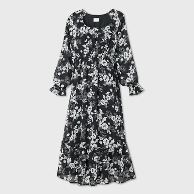 Boho Floral Print Long Sleeve Chiffon Maternity Dress Isabel Black & White - XS - Image 1 of 4