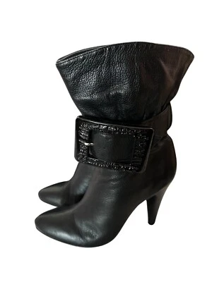 JESSICA SIMPSON Women's Size 7.5 Black Leather High Heel Ankle Bootie Big Buckle - Image 1 of 4