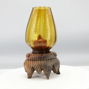 Vintage Candle Votive Holder Amber Glass Wood Lotus Stand Fairy Lamp - Foto 1 di 5