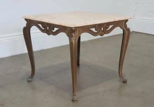 ITALIAN TRAVERTINE MARBLE TOP SIDE TABLE ON A CARVED GOLD BRASS BASE - Picture 1 of 9