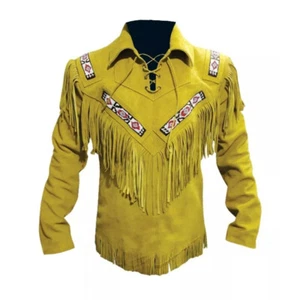 Mens Traditional Cowboy Western Leather Jacket with Fringe Native American Style - Picture 1 of 3