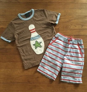 Mini Boden Bowling Pin T-Shirt Striped Baggies Shorts Outfit Set 4 5-6Y - Picture 1 of 3