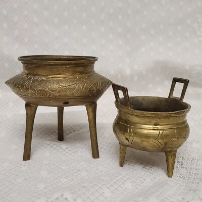 Vintage Antique Chinese Bronze Brass Stamped Incense Burner Bowl Dish Set/Pair 2 - Image 1 of 4